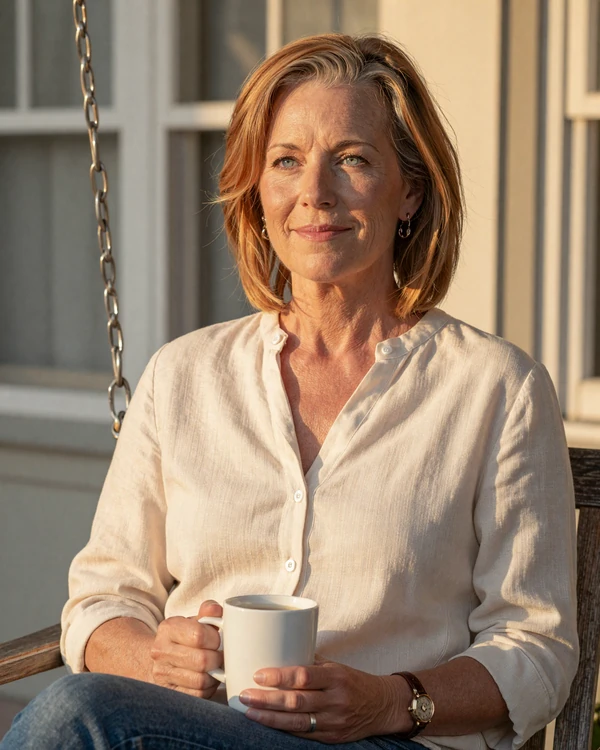 Mature American woman in her mid-fifties relaxing on a Texas porch swing at golden hour, representing the warm spirit of Loviaflame