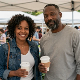 Michael and Anita smiling together at a Raleigh farmers market on a Sunday morning