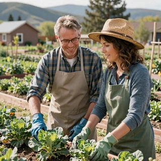 Daniel and Helen working together in a Boulder vegetable garden on a bright spring morning