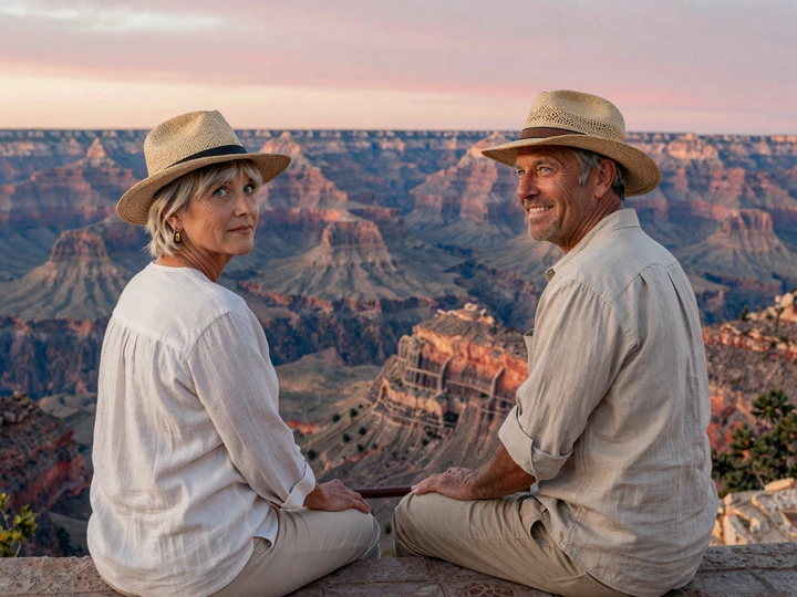 James and Patricia in straw hats sitting on a bench overlooking the Grand Canyon at sunrise
