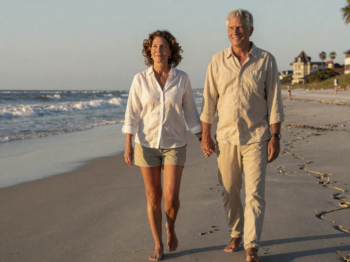 Robert and Diane walking barefoot on Folly Beach in South Carolina at sunset, holding hands