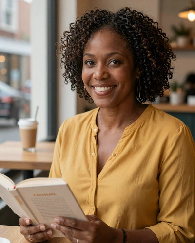 Linda, 52, book lover from Atlanta sitting in a coffee shop window with a paperback novel