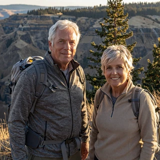 Greg and Linda standing together at a Bend Oregon forest overlook at golden hour