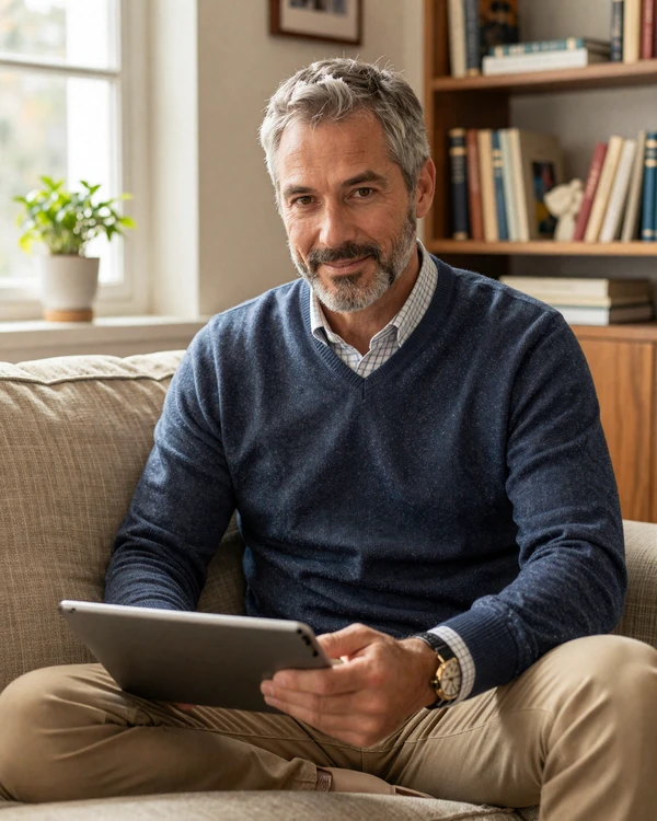Walter, 59, a Loviaflame member browsing matches calmly on a tablet from his cozy home office