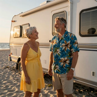 Bill and Margaret laughing beside a small white RV on a Sarasota beach at sunset