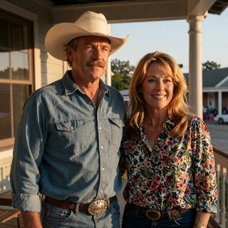 Tom and Rebecca smiling on a Nashville porch in cowboy hat and floral blouse at golden hour