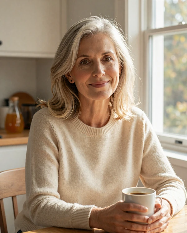 Mature American woman in her mid-fifties smiling warmly by a sunlit kitchen window, representing the Loviaflame community