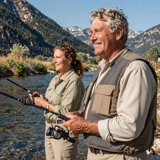 Dale and Susan fly fishing together on a clear Montana river in afternoon light