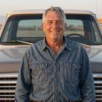 Portrait of Daniel, 61, smiling beside his vintage pickup truck in Boise, Idaho afternoon light