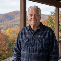 Portrait of William, 64, smiling on his Asheville mountain porch in warm autumn light