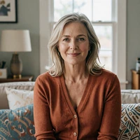 Portrait of Sandra, 57, smiling by a sunlit window in her Tulsa, Oklahoma living room