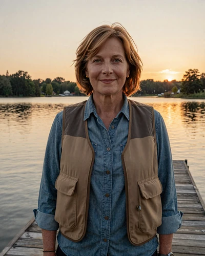 Janet, 61, outdoor enthusiast from Minnesota standing on a lake dock at golden hour