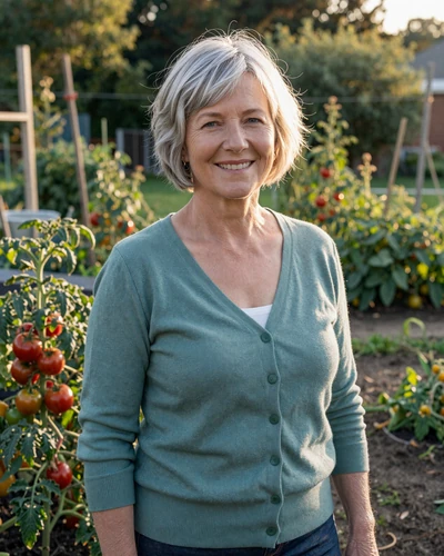 Carolyn, 58, gardener from Ohio smiling in her vegetable garden on a sunny afternoon