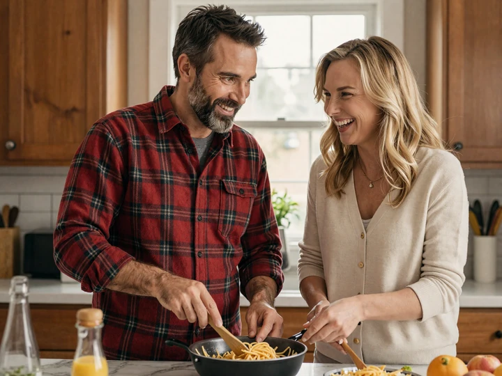 Frank and Karen cooking pasta together in a cozy Wisconsin kitchen, laughing in afternoon window light